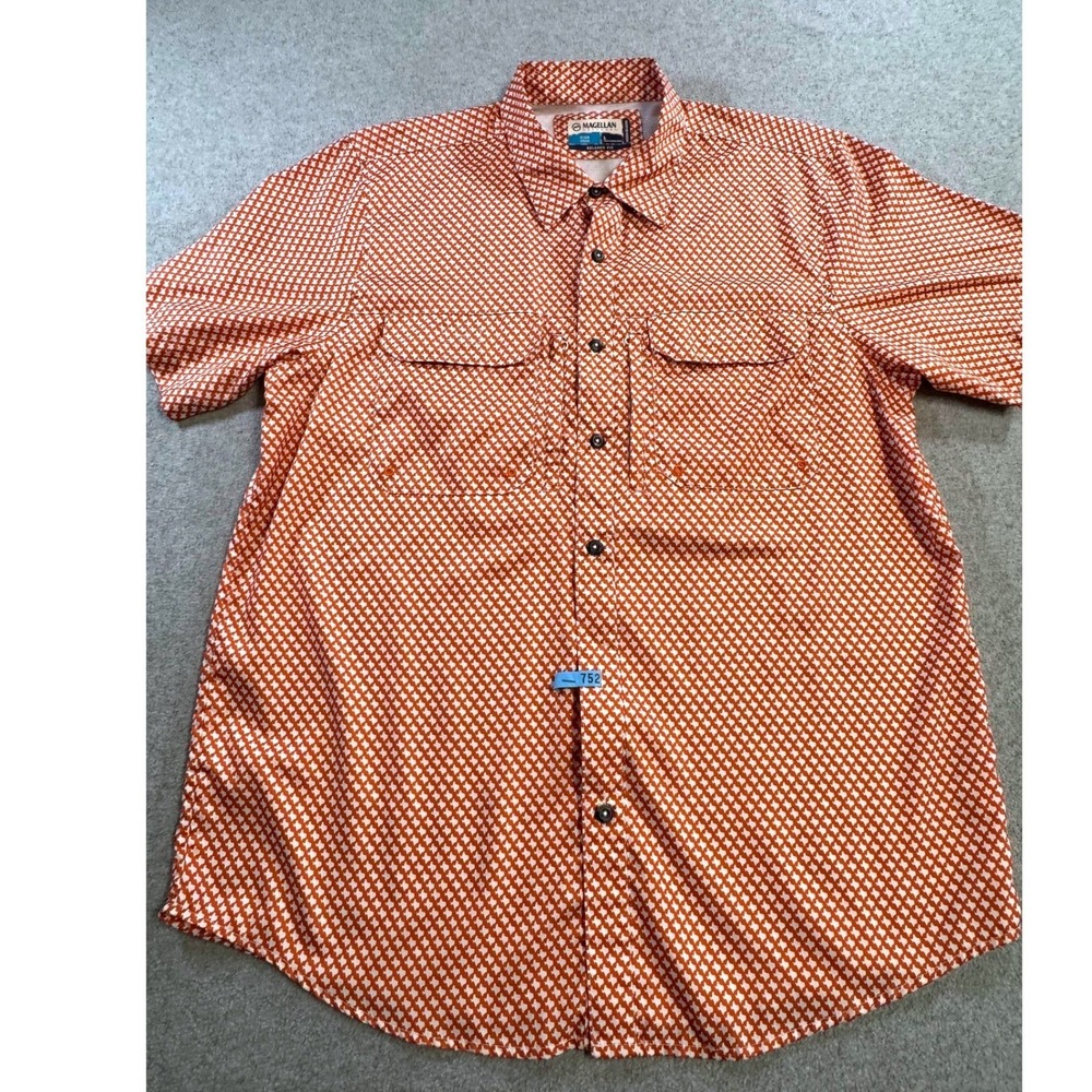 Magellan Texas Fishing Shirt Mens L Burnt Orange Geometric Print Outdoor Sporty